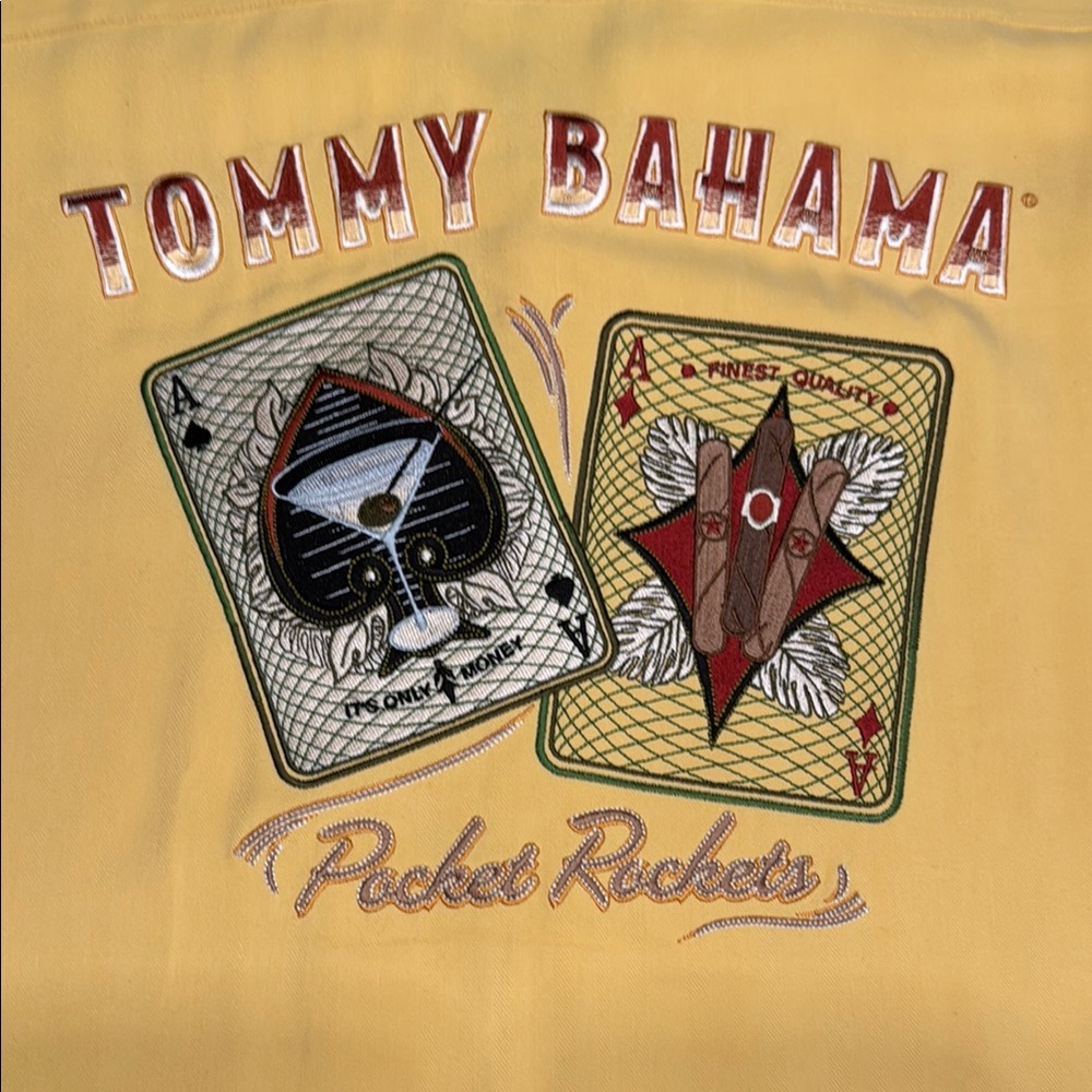 Tommy Bahama Size L “Pocket Rockets” Yellow Casual Button Down Silk Camp Shirt